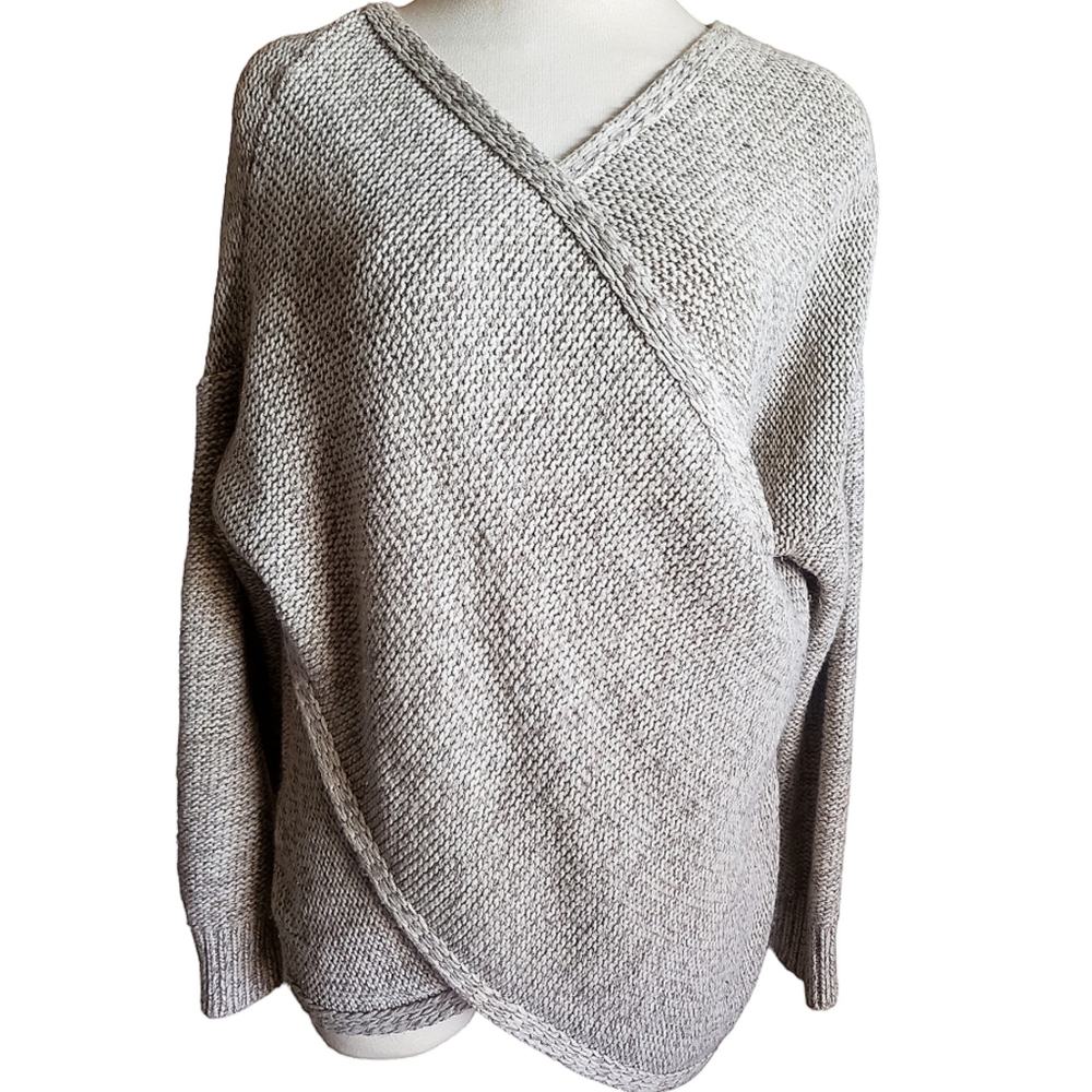 QUINN Sweater Womens L Gray Wrap Front V-Neck Crossover Warm Bohemian Pullover
